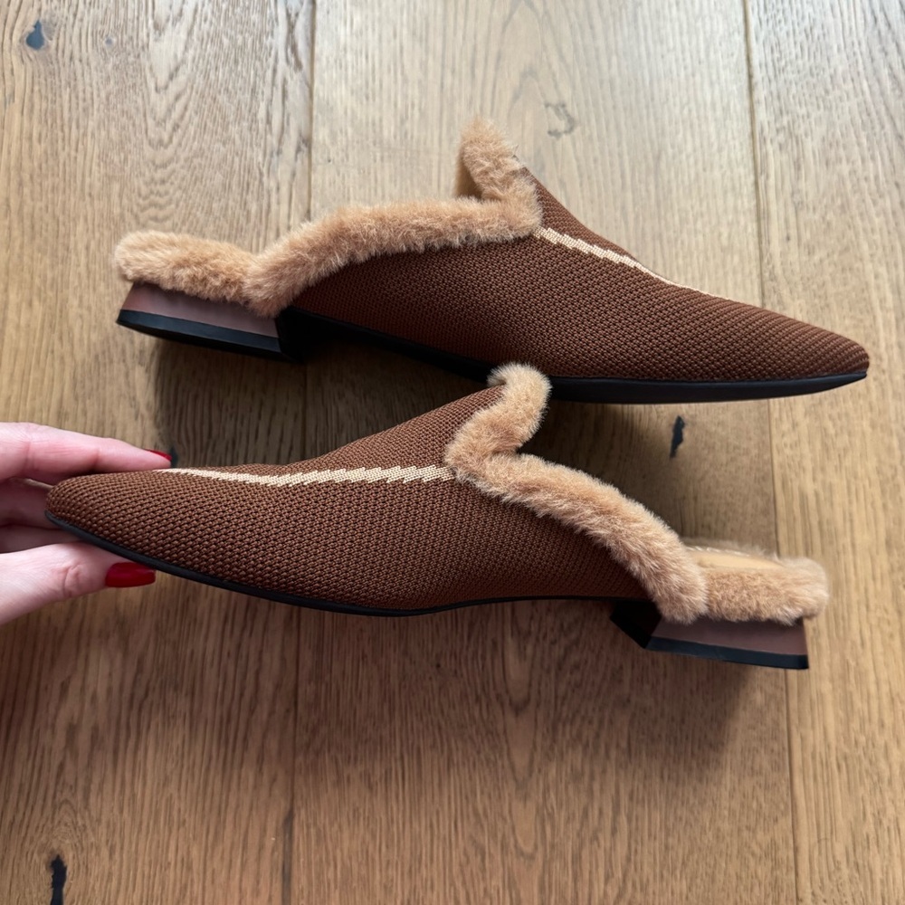 Vivaia - Tina Pointed-Toe Heeled Fluffy Mules - Size 37 - Brown & Tan - EUC+ - Picture 6 of 7